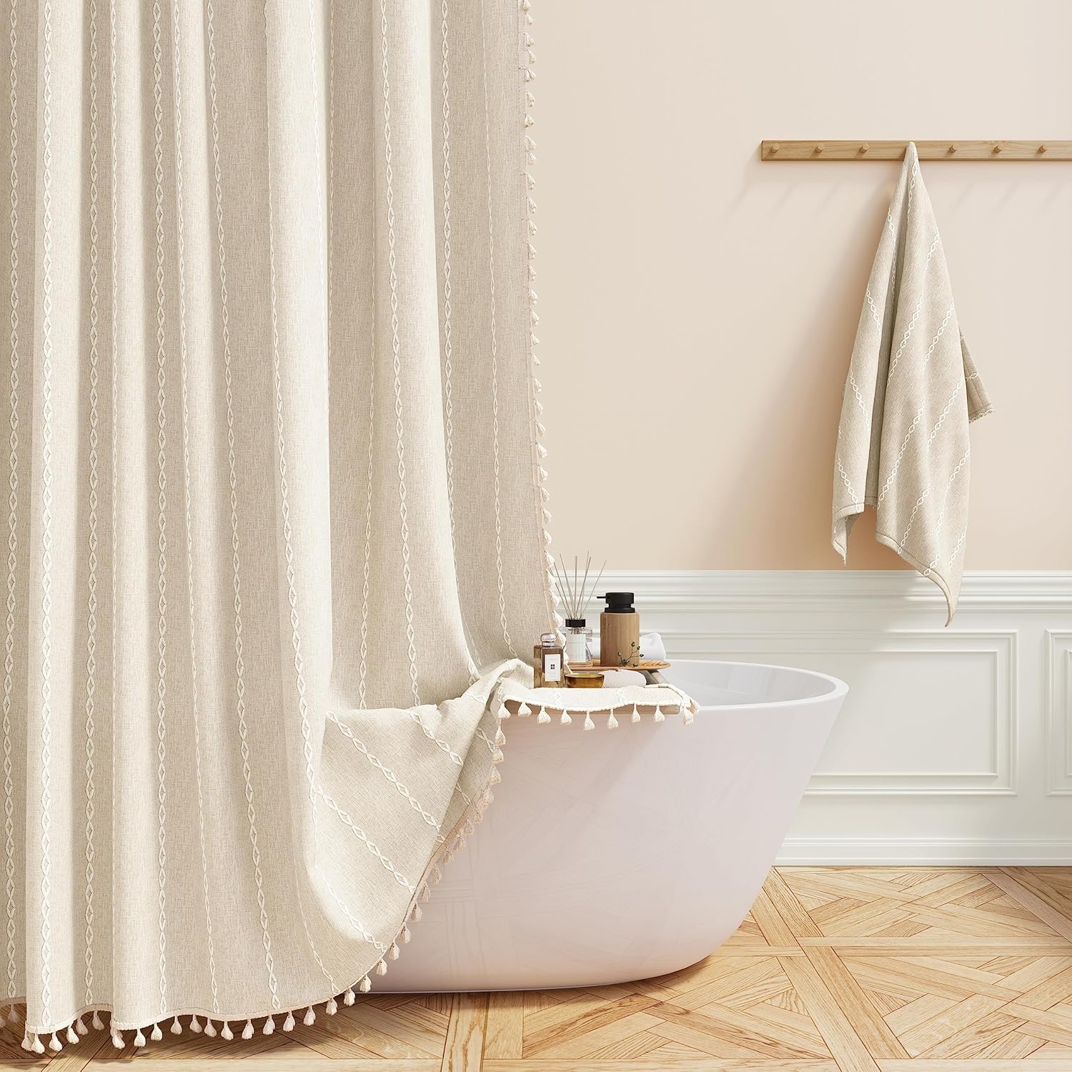 BTTN Extra Long Shower Curtain - Boho Farmhouse Tassel Design