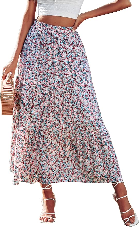 KIRUNDO Women's High Waist Boho Floral Maxi Skirt for Summer