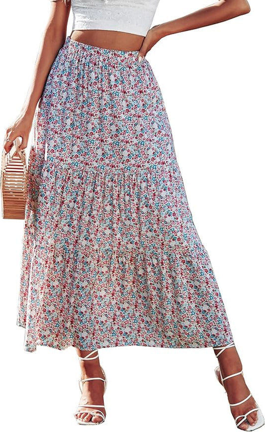 KIRUNDO Women's High Waist Boho Floral Maxi Skirt for Summer