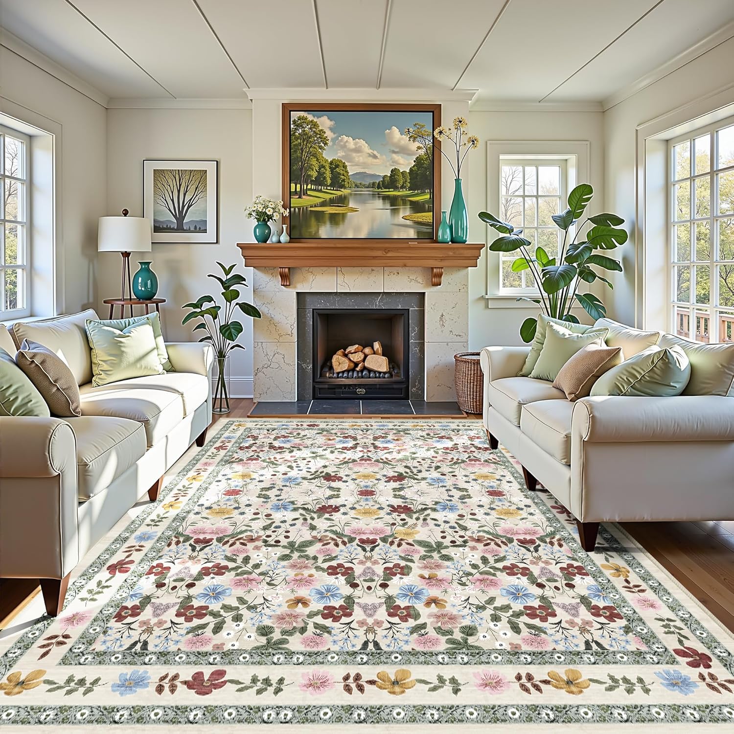 Deerly Boho Floral Rug 7x9 Vintage Colorful Washable Carpet