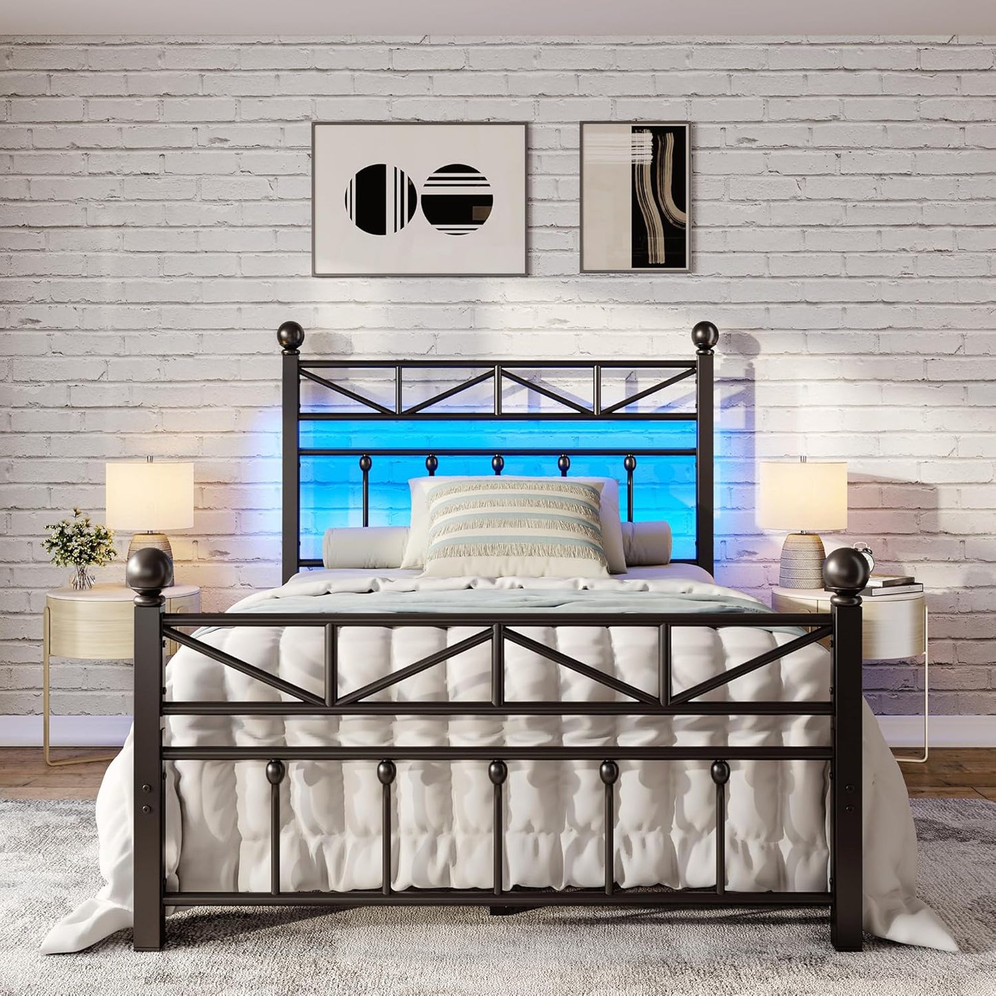54in Metal Twin Bed Frame with Tall Headboard and LED Light