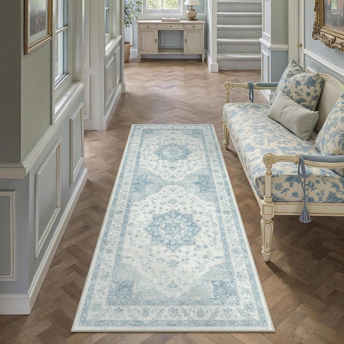 Blue Runner Rug 2x6 Washable Vintage Carpet for Hallway Kitchen