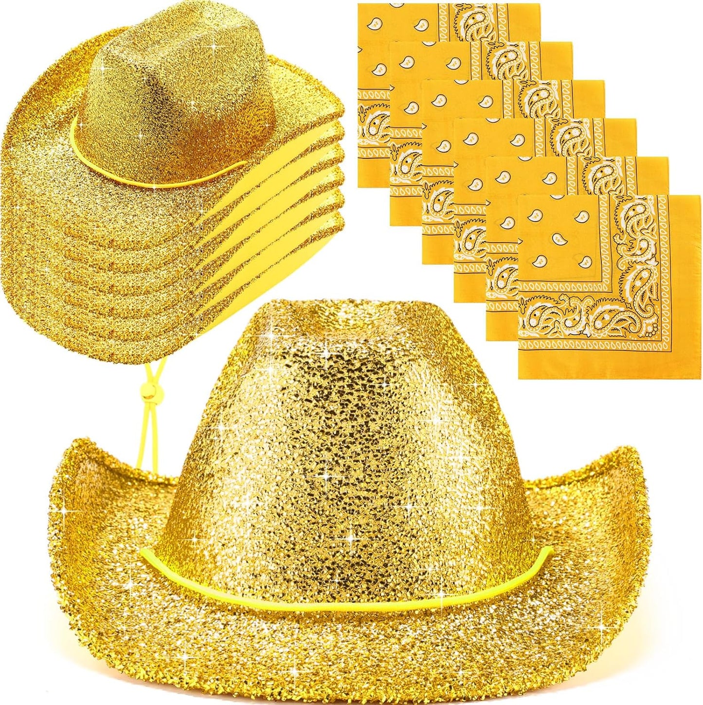 12 Pcs Sparkly Cowboy Hats and Bandanas for Western Parties