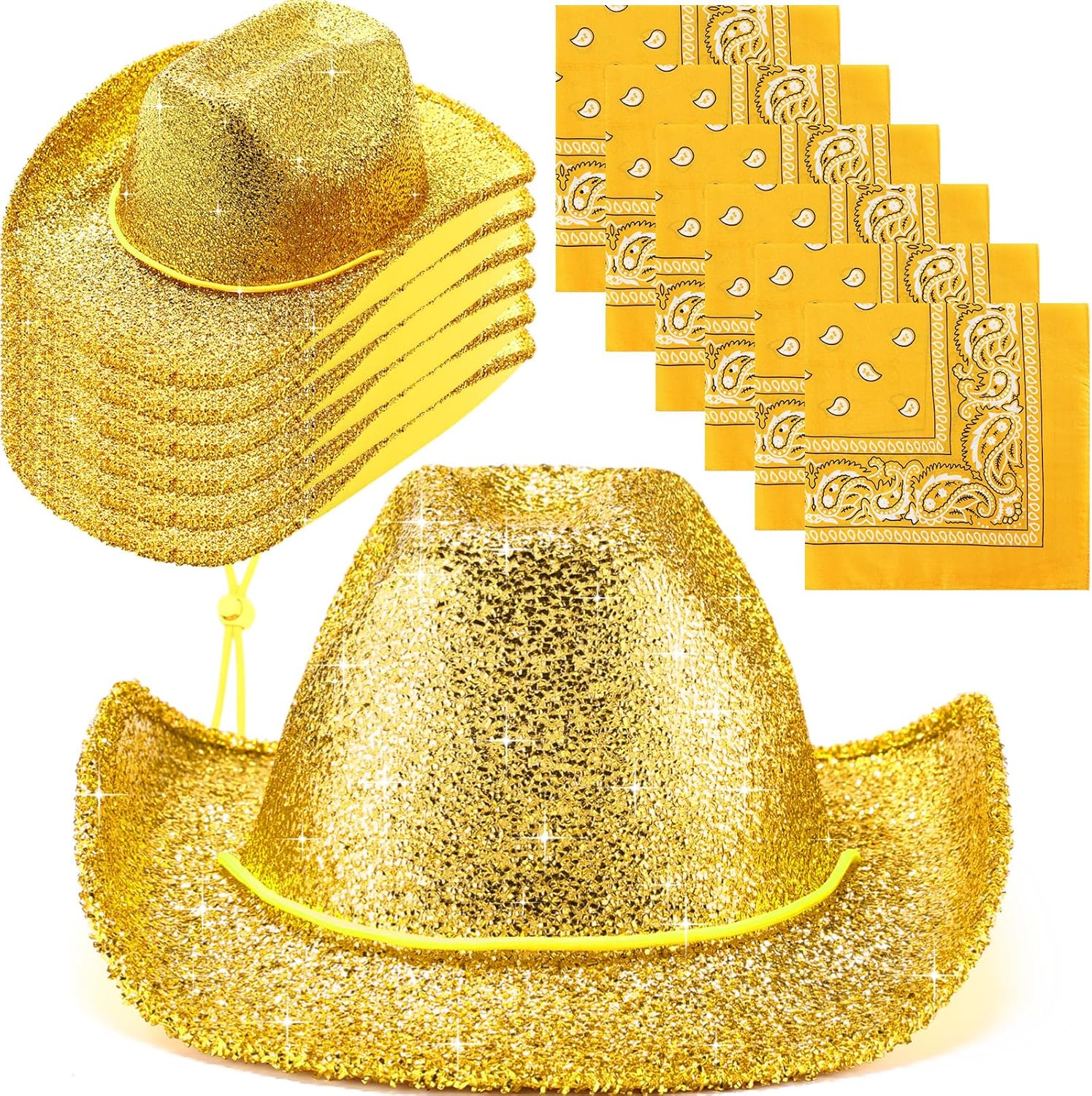 12 Pcs Sparkly Cowboy Hats and Bandanas for Western Parties