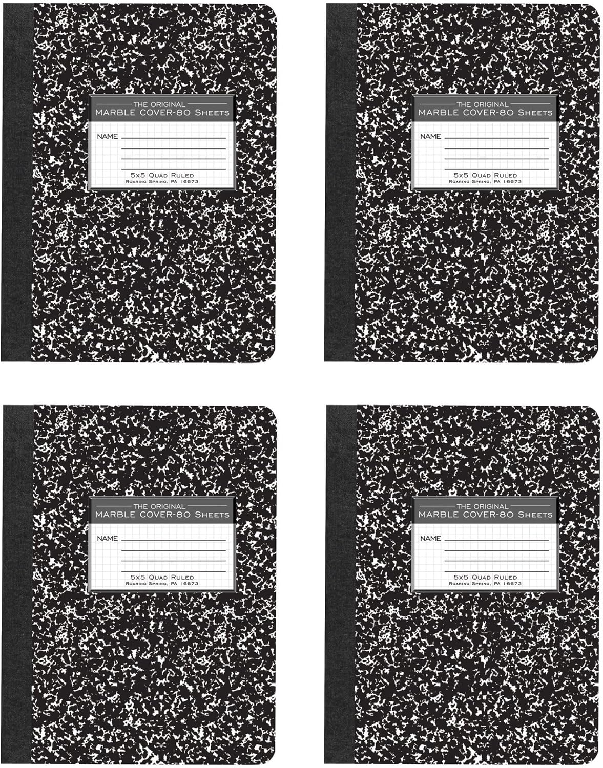 4 Pack Graph Ruled Composition Books, 80 Sheets, Black Marble Cover