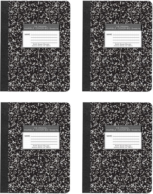 4 Pack Graph Ruled Composition Books, 80 Sheets, Black Marble Cover