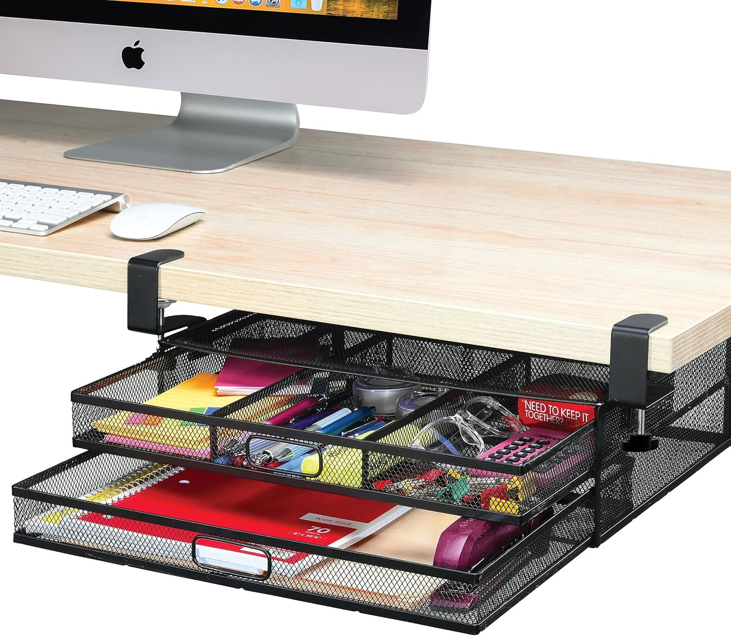 Clamp-On Under Desk Drawer Organizer - Dual Slide Out Drawers