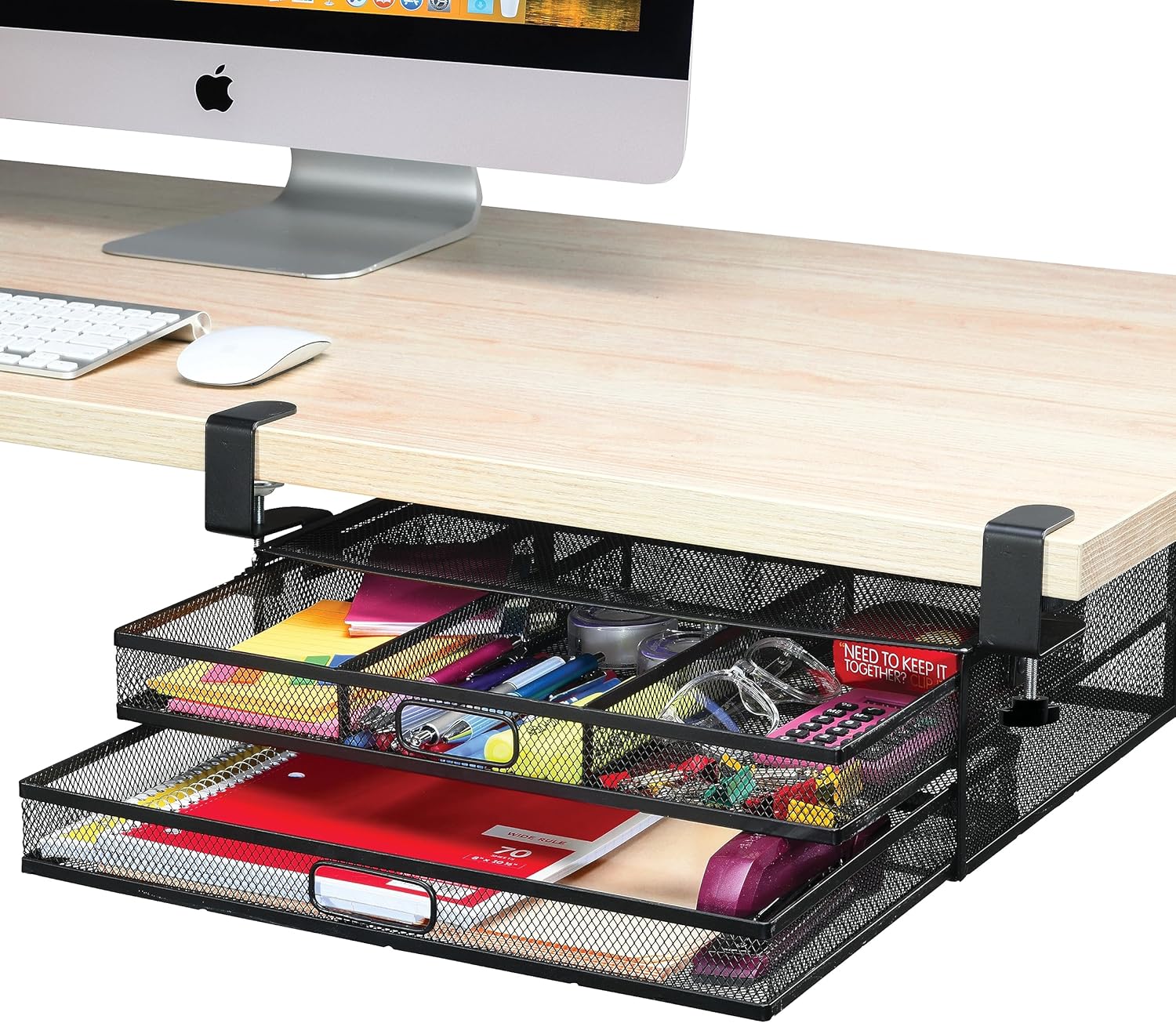 Clamp-On Under Desk Drawer Organizer - Dual Slide Out Drawers