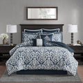 Queen Navy Jacquard Comforter Set 8 Piece - Modern Damask