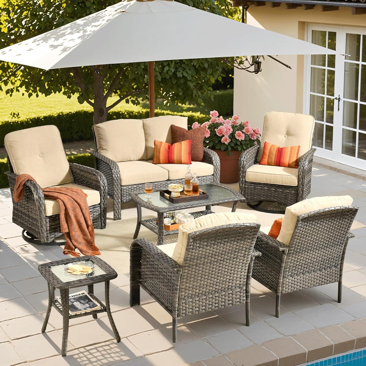 ovios 7 Pieces Patio Furniture Set with Swivel Chairs and Table
