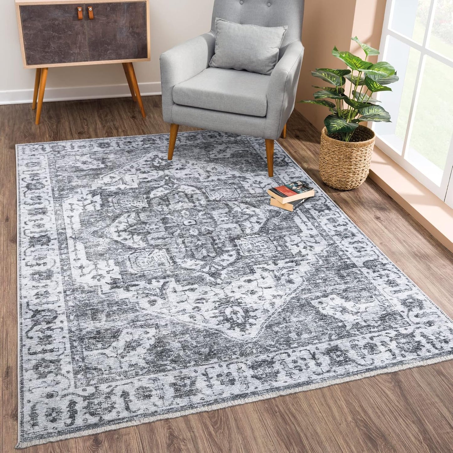 Caria Washable Non-Slip 9x12 Rug - Silver/Dark Gray Style