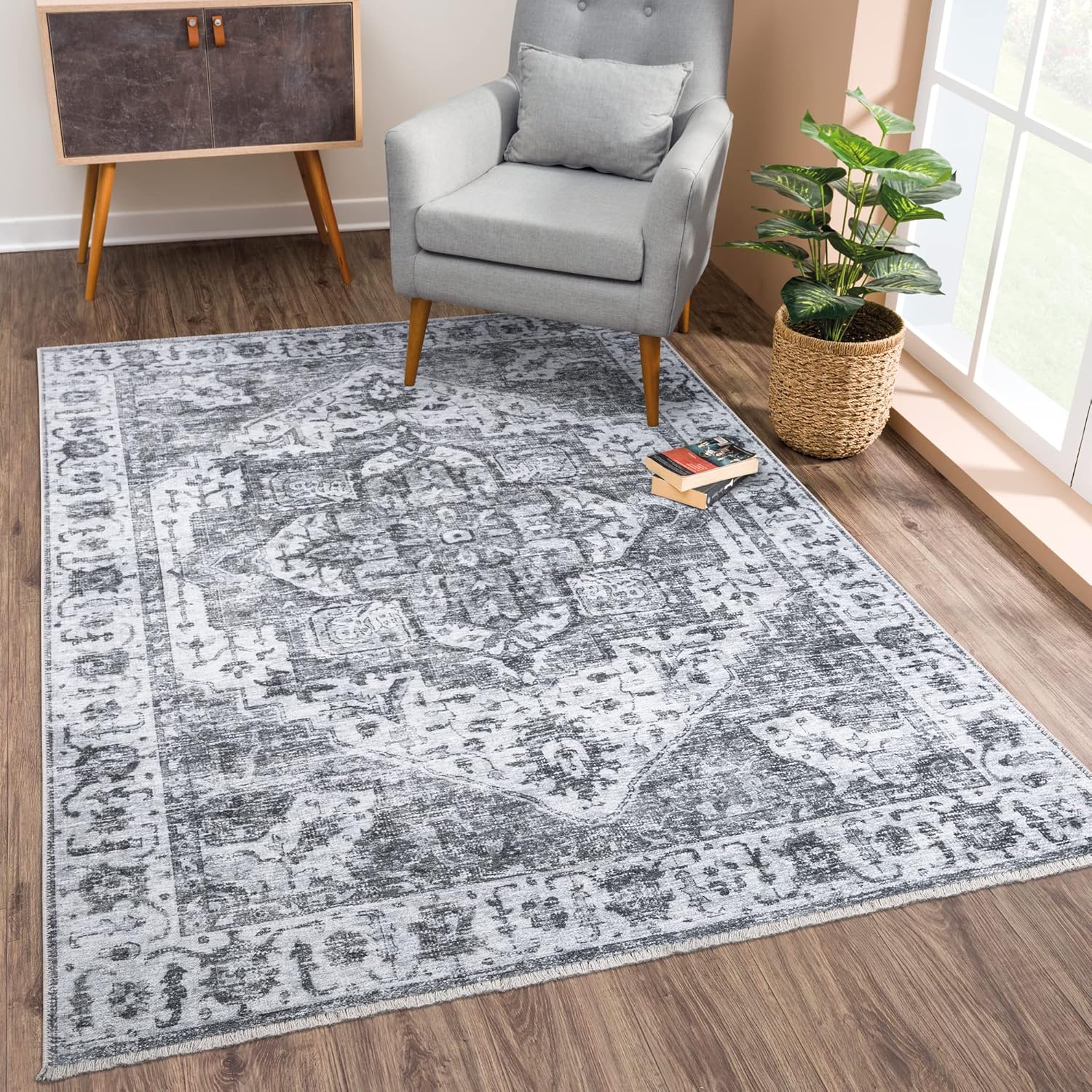 Caria Washable Non-Slip 9x12 Rug - Silver/Dark Gray Style