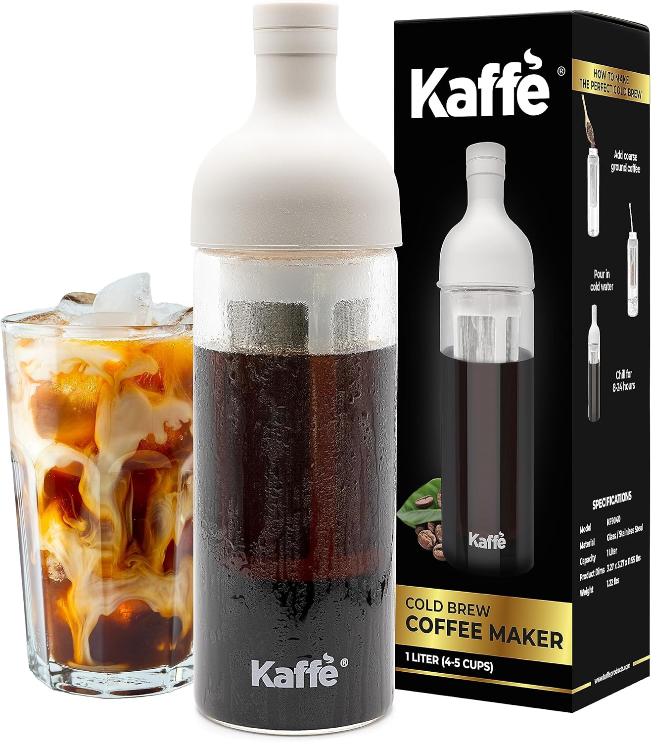 Borosilicate Glass Kaff Cold Brew Maker - 38oz - Smooth Cold Brew in Minutes!
