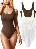 OQQ Women's 3 Piece Ribbed Square Neck Bodysuits - Comfortable Stretch