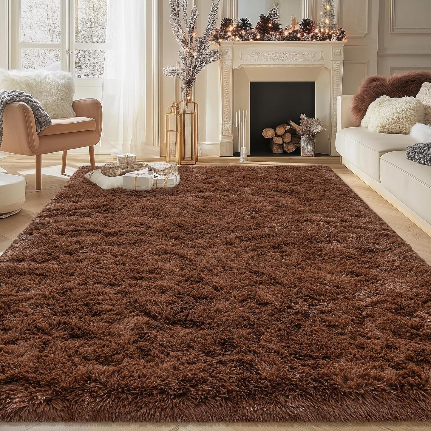 5x7 Fluffy Plush Brown Area Rug for Cozy Living Room Decor