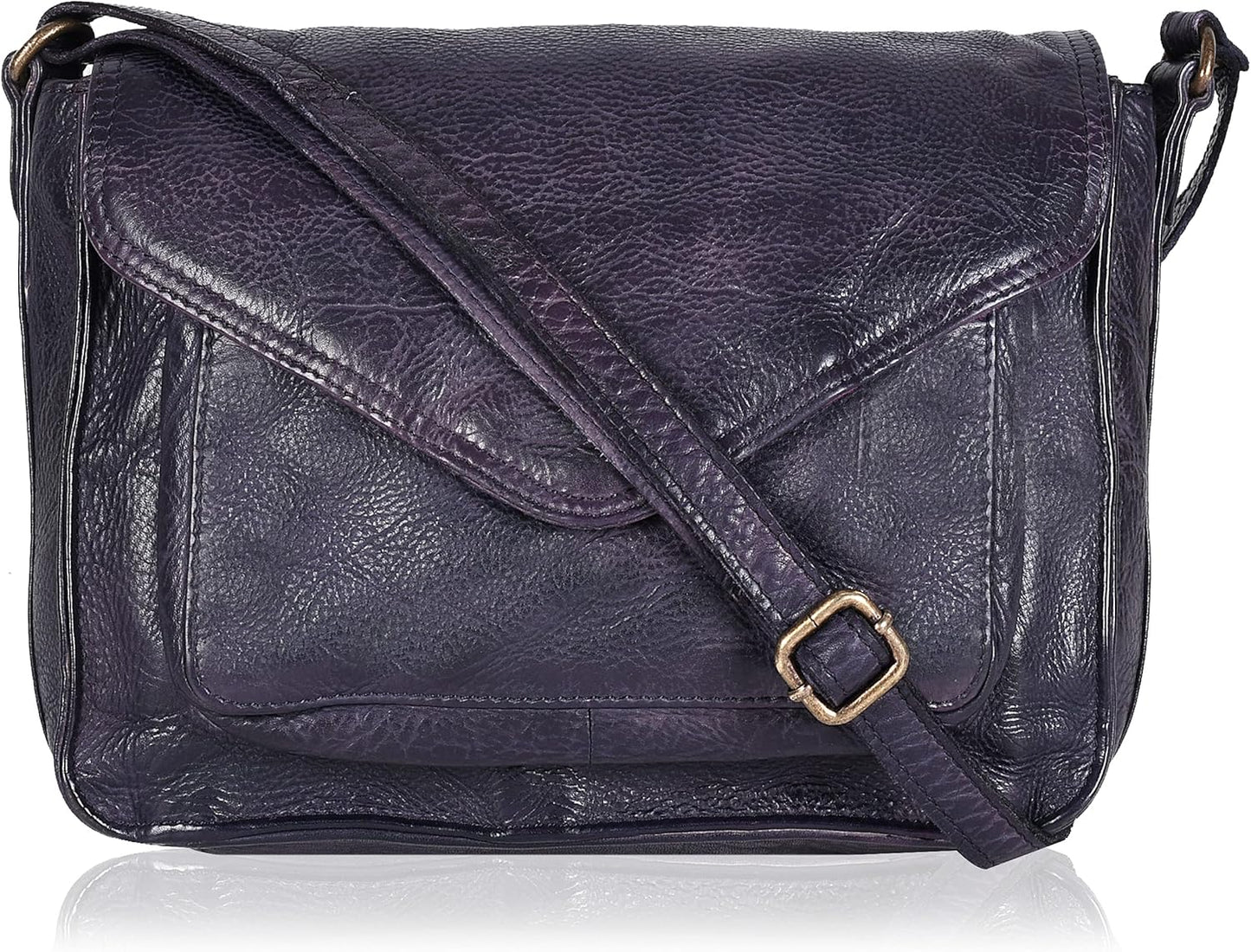 Leather Flapover Crossbody Handbag Purse with Adjustable Strap