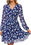 Floral Mini Dress for Women - Long Sleeve Chiffon Boho V Neck
