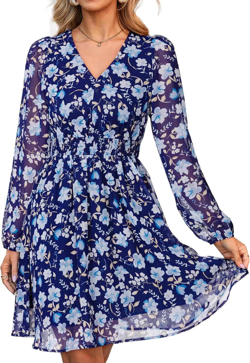 Simplee Womens Floral Mini Dress Long Sleeve Casual V Neck
