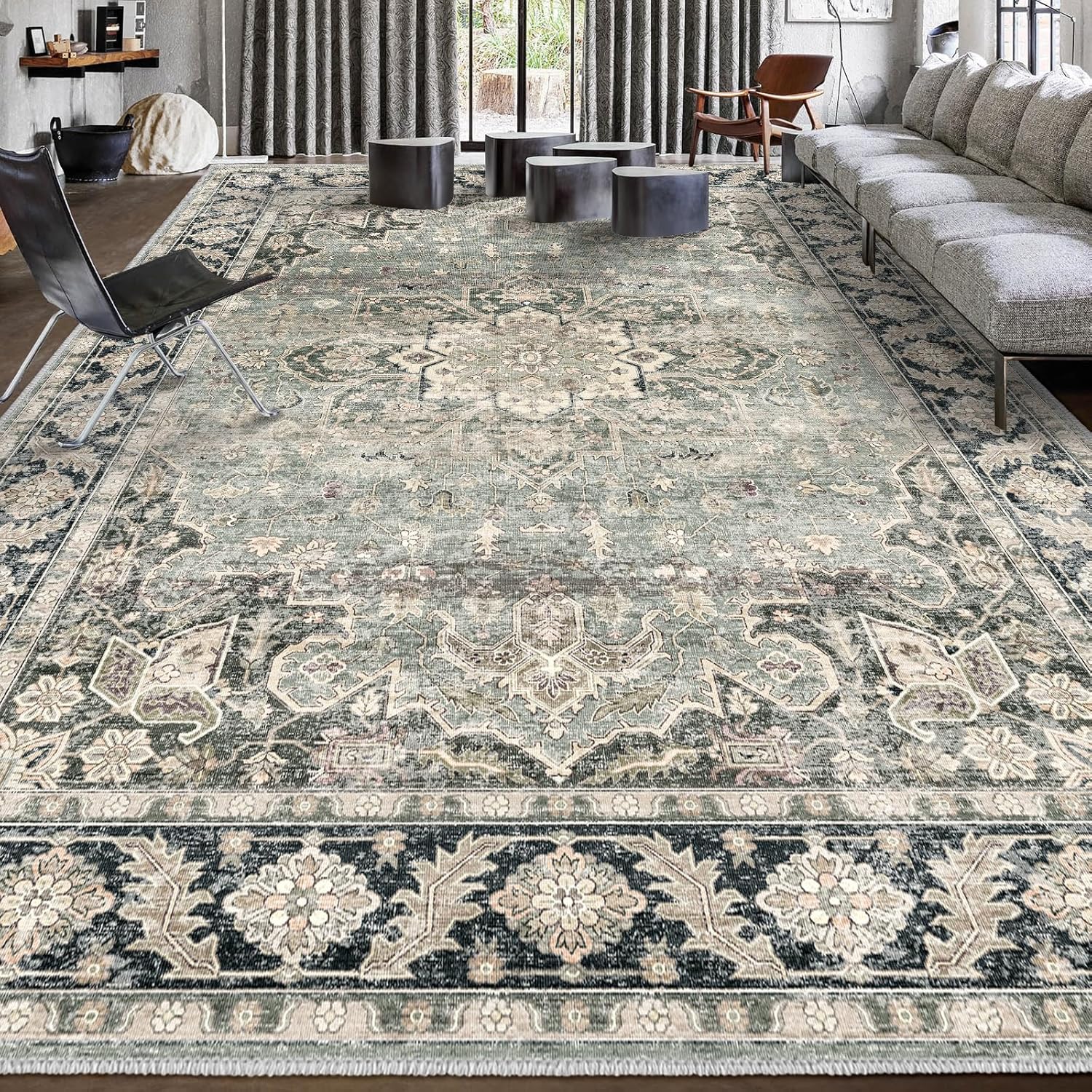 9x12 Area Rugs - Vintage Washable Low-Pile Carpet for Home