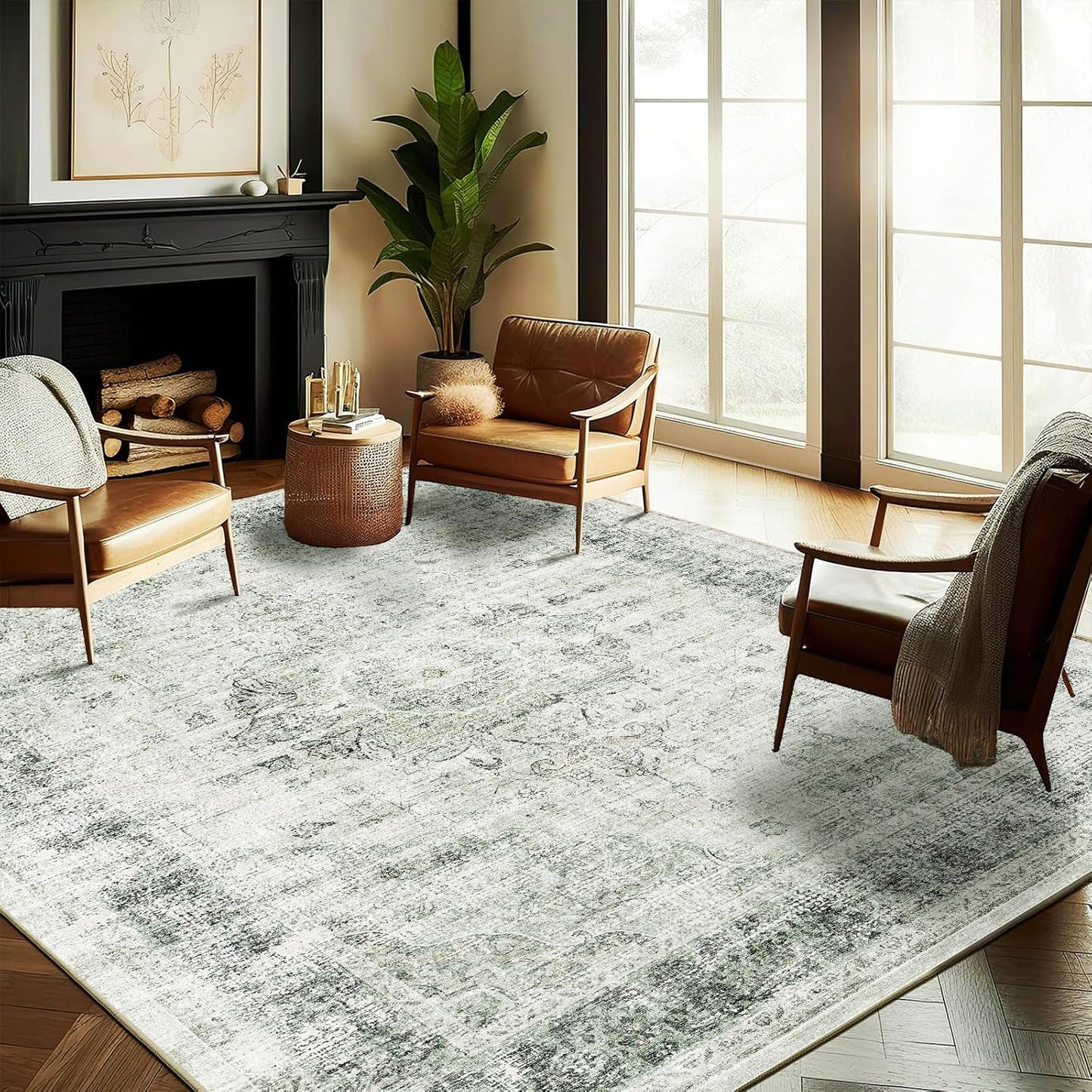 Washable Area Rug 9ftx12ft Retro Floral Green Boho Design