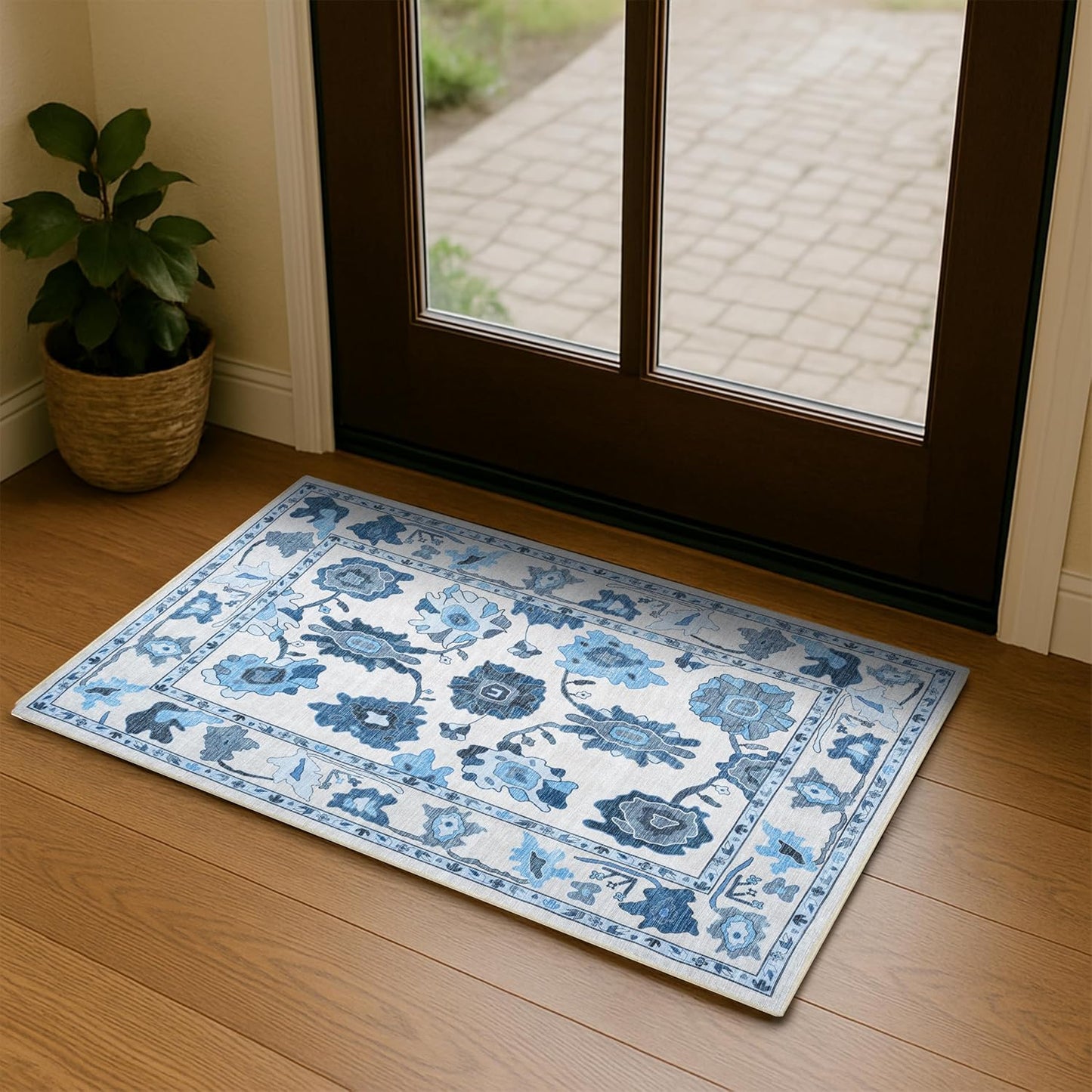 Navy Blue Oushak Rug for Indoor Entrance, Kitchen, Bathroom