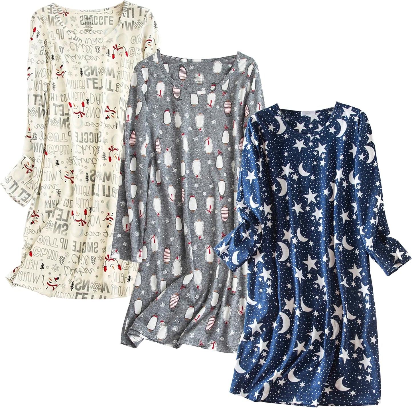 PNAEONG Women's Nightgown 3 Pack Long Sleeve Sleep Shirts