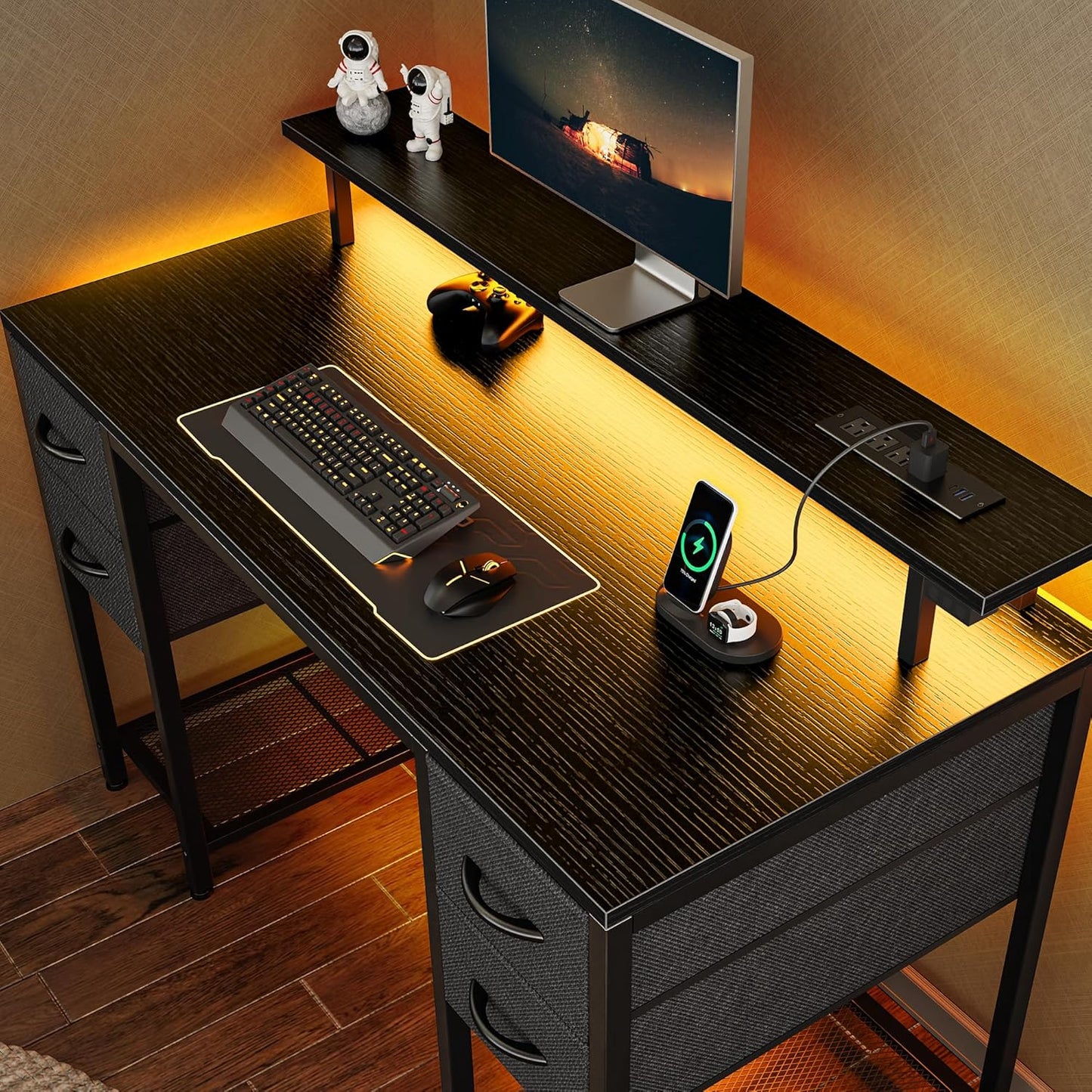 Huuger 47 Gaming Desk w/ LED Lights & Storage