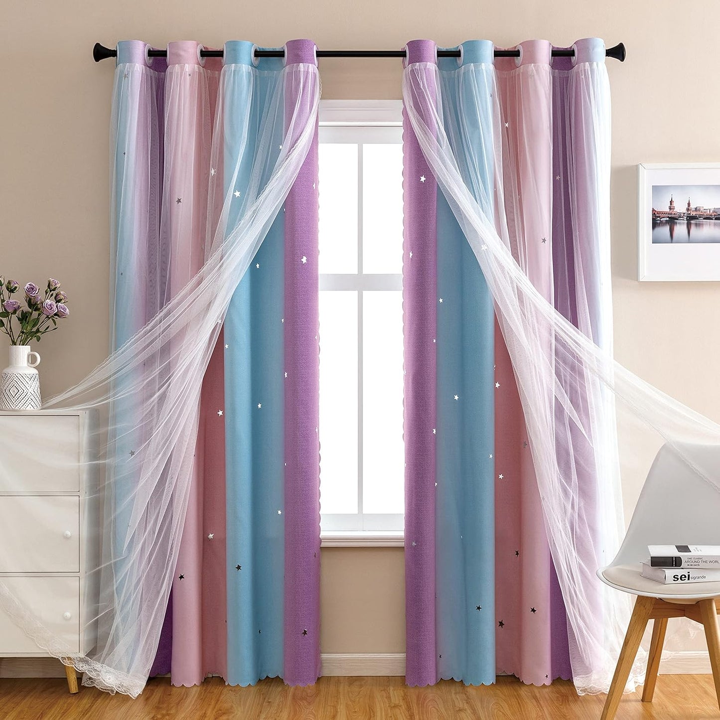 XiDi Pink & Purple Curtains for Kids Rooms, 108 in Long