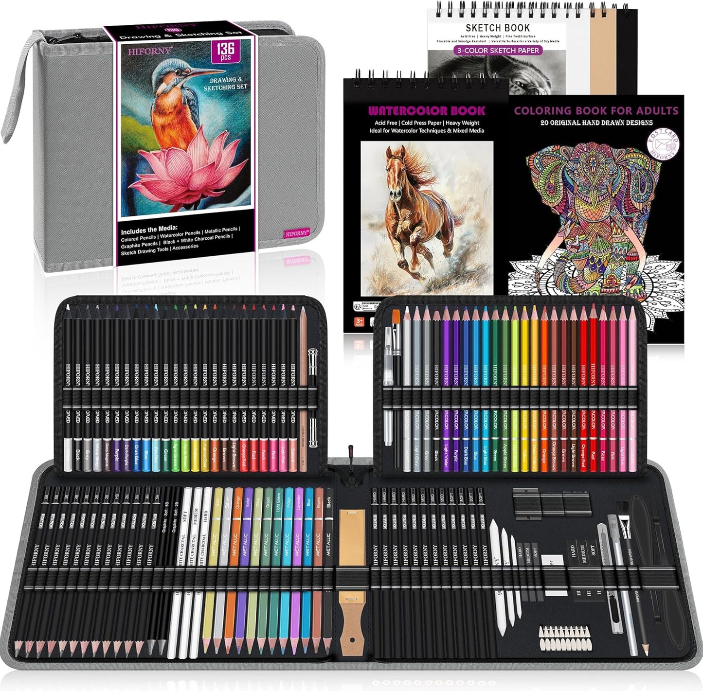 HIFORNY 136 PCS Drawing & Sketching Set for Artists and Students