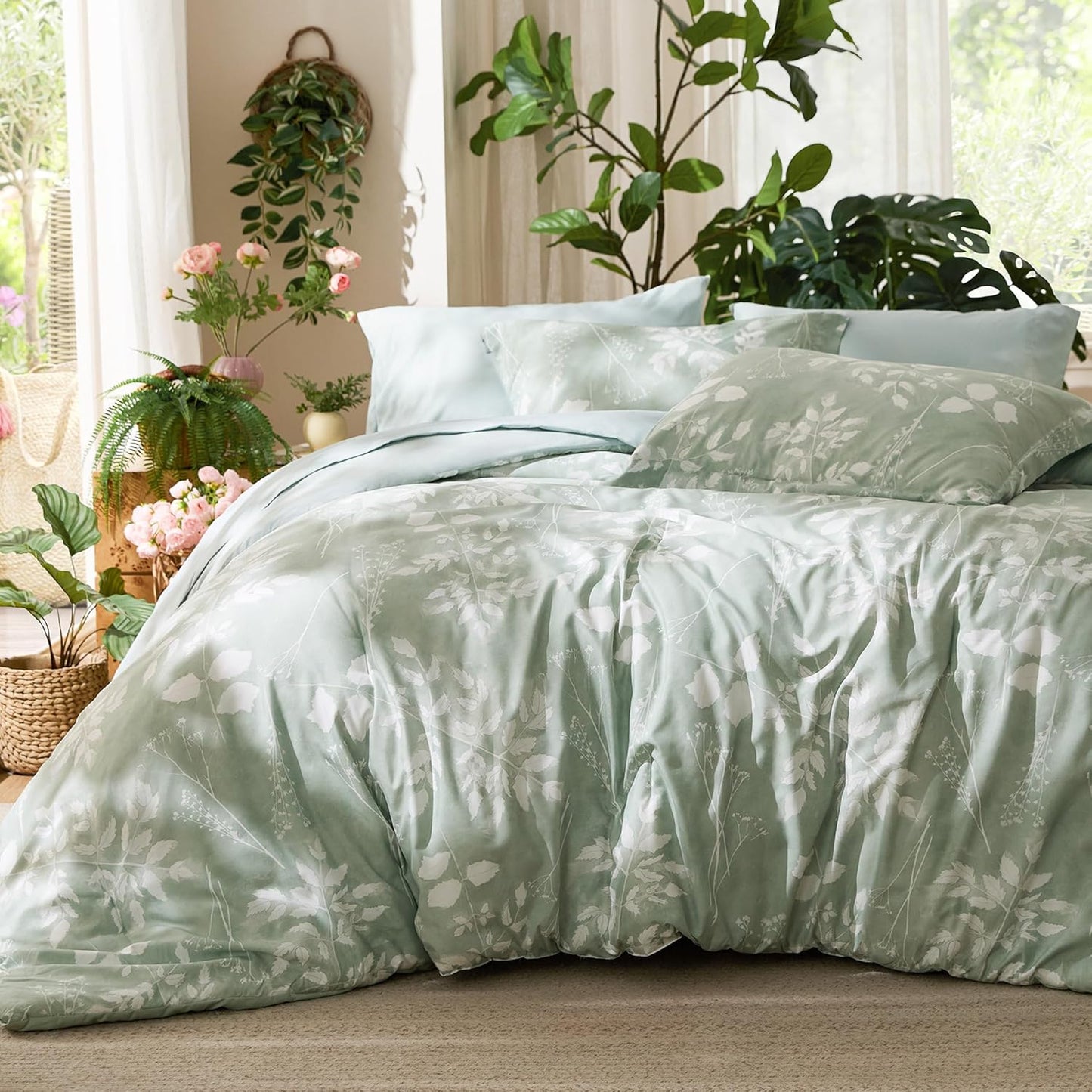Bedsure Twin Comforter Set - 5 Piece Floral Sage Green Bedding