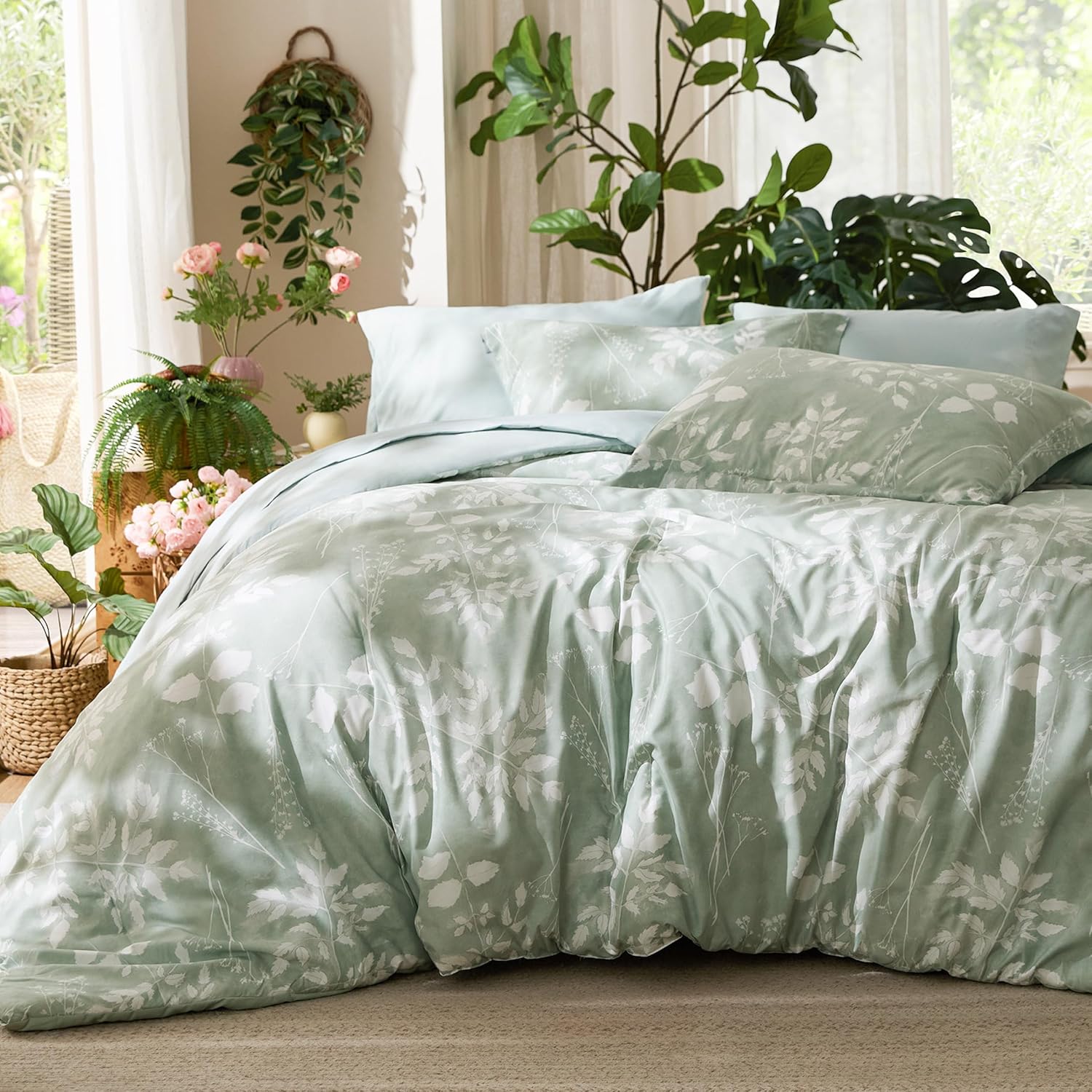 Bedsure Twin Comforter Set - 5 Piece Floral Sage Green Bedding