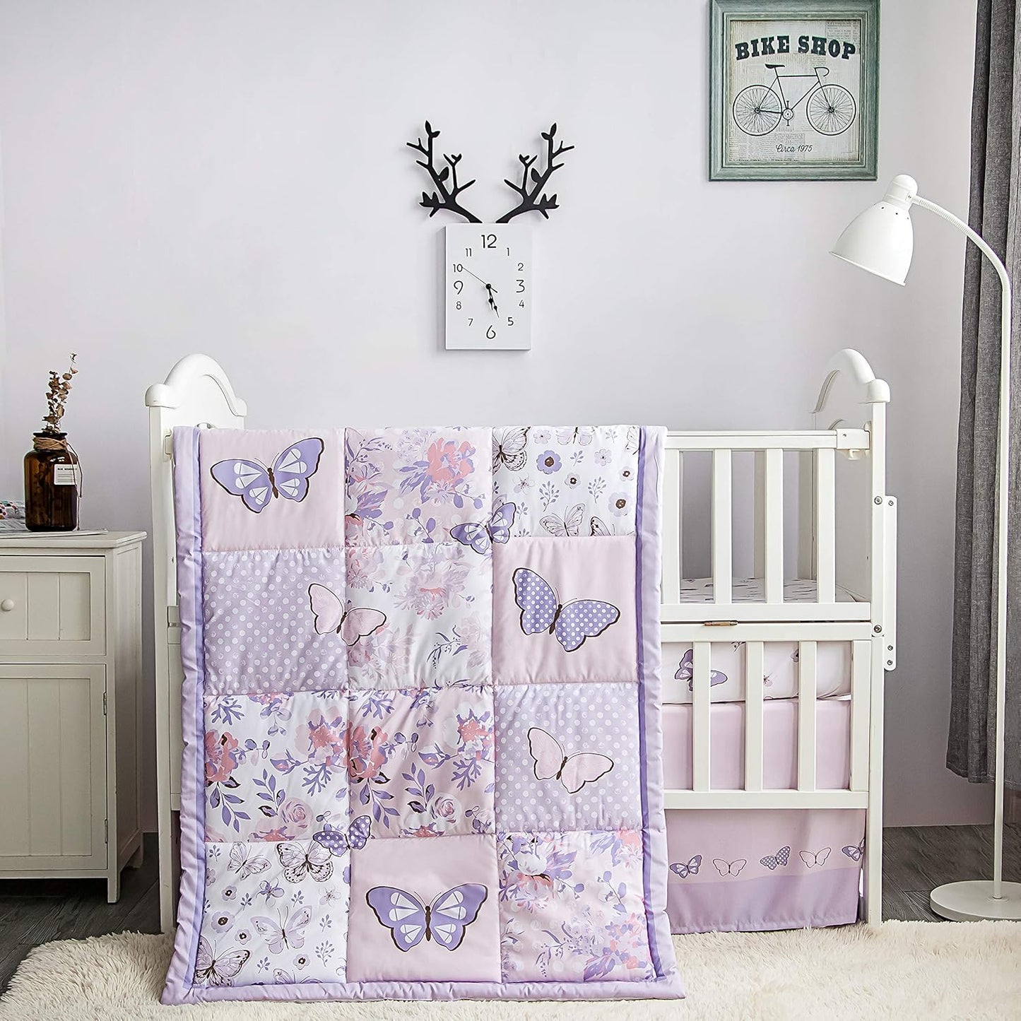 3-Piece Purple Butterfly Baby Crib Bedding Set for Girls