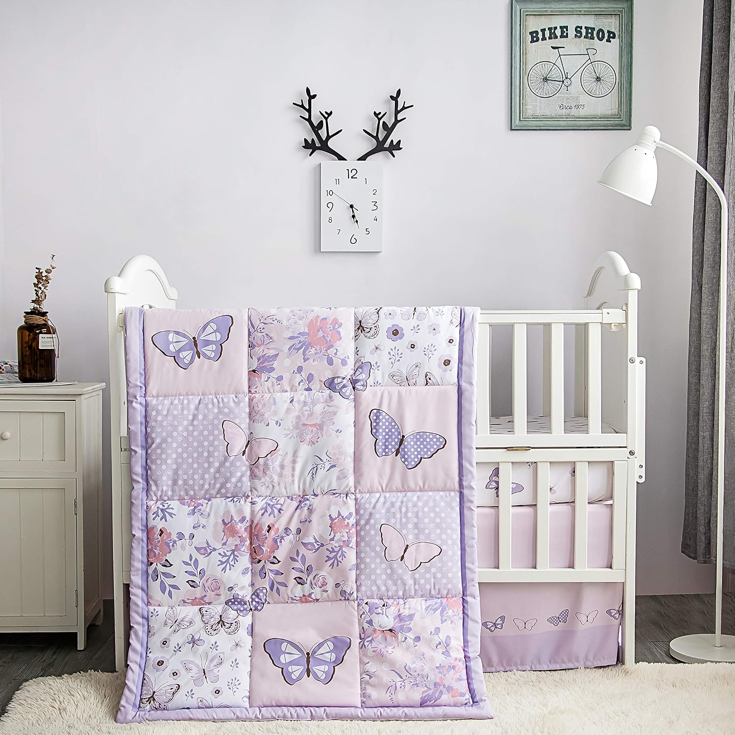 3-Piece Purple Butterfly Baby Crib Bedding Set for Girls