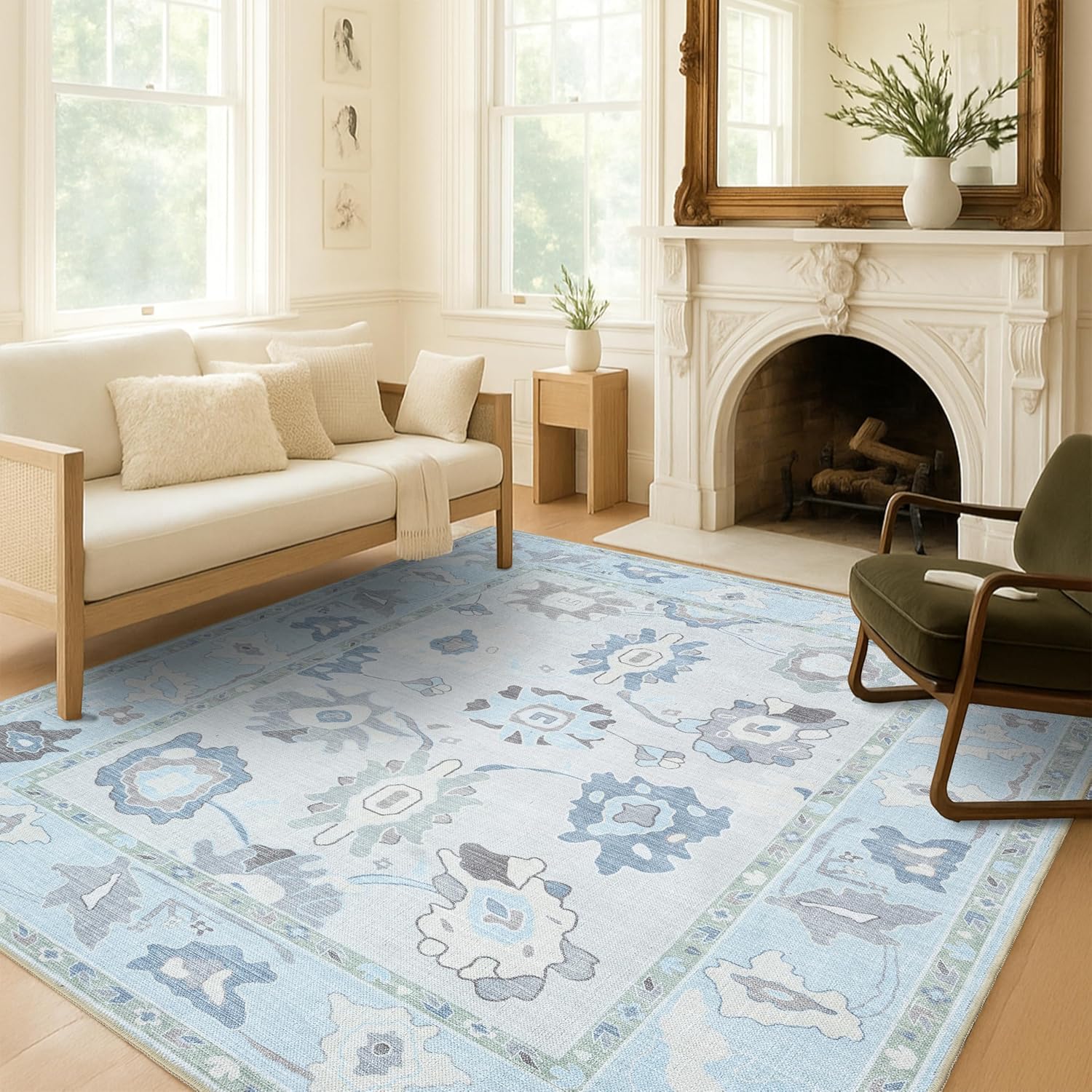 Cream Blue Oushak Rug - Modern Vintage Turkish Floral Design