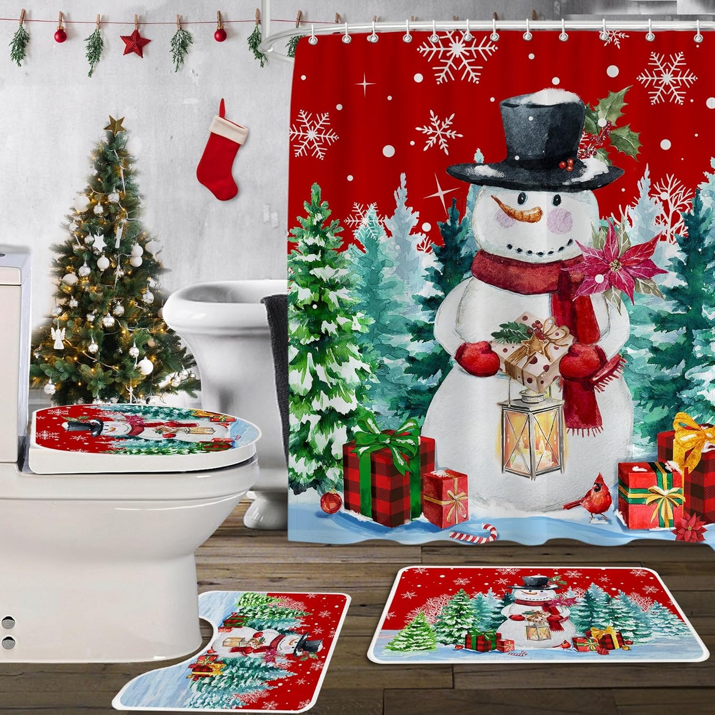 Christmas Bathroom Set with Gnome Truck Rug - 4pcs