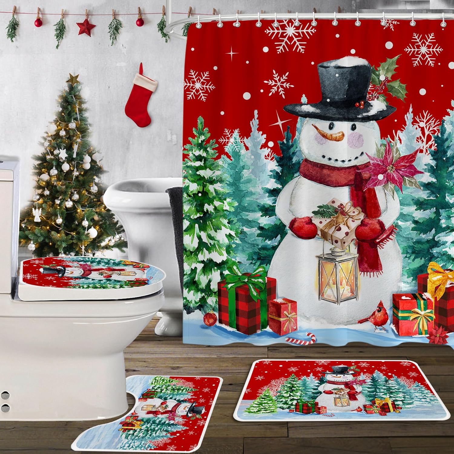 Christmas Bathroom Set with Gnome Truck Rug - 4pcs