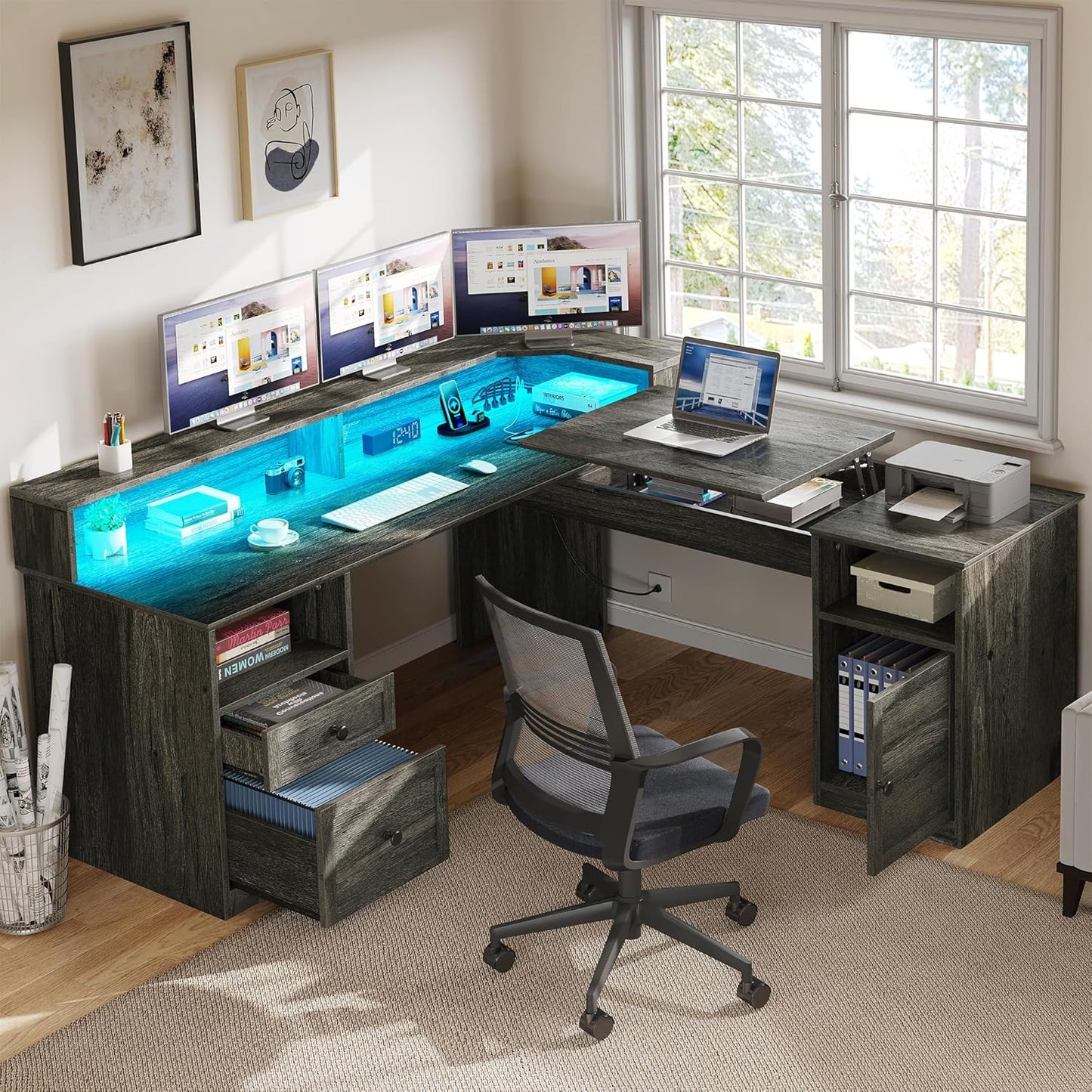 YITAHOME L-Shaped Desk w/ Power Outlets & LED Lights, Height Adjustable, Grey
