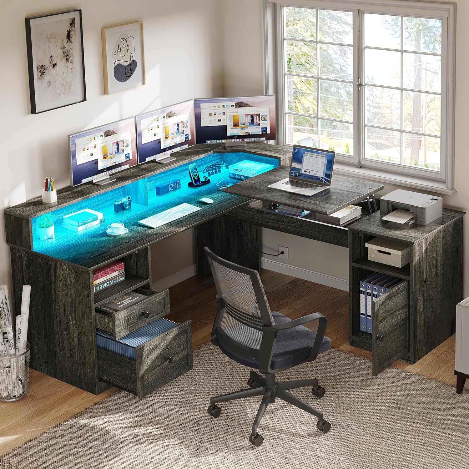 YITAHOME L-Shaped Desk w/ Power Outlets & LED Lights, Height Adjustable, Grey