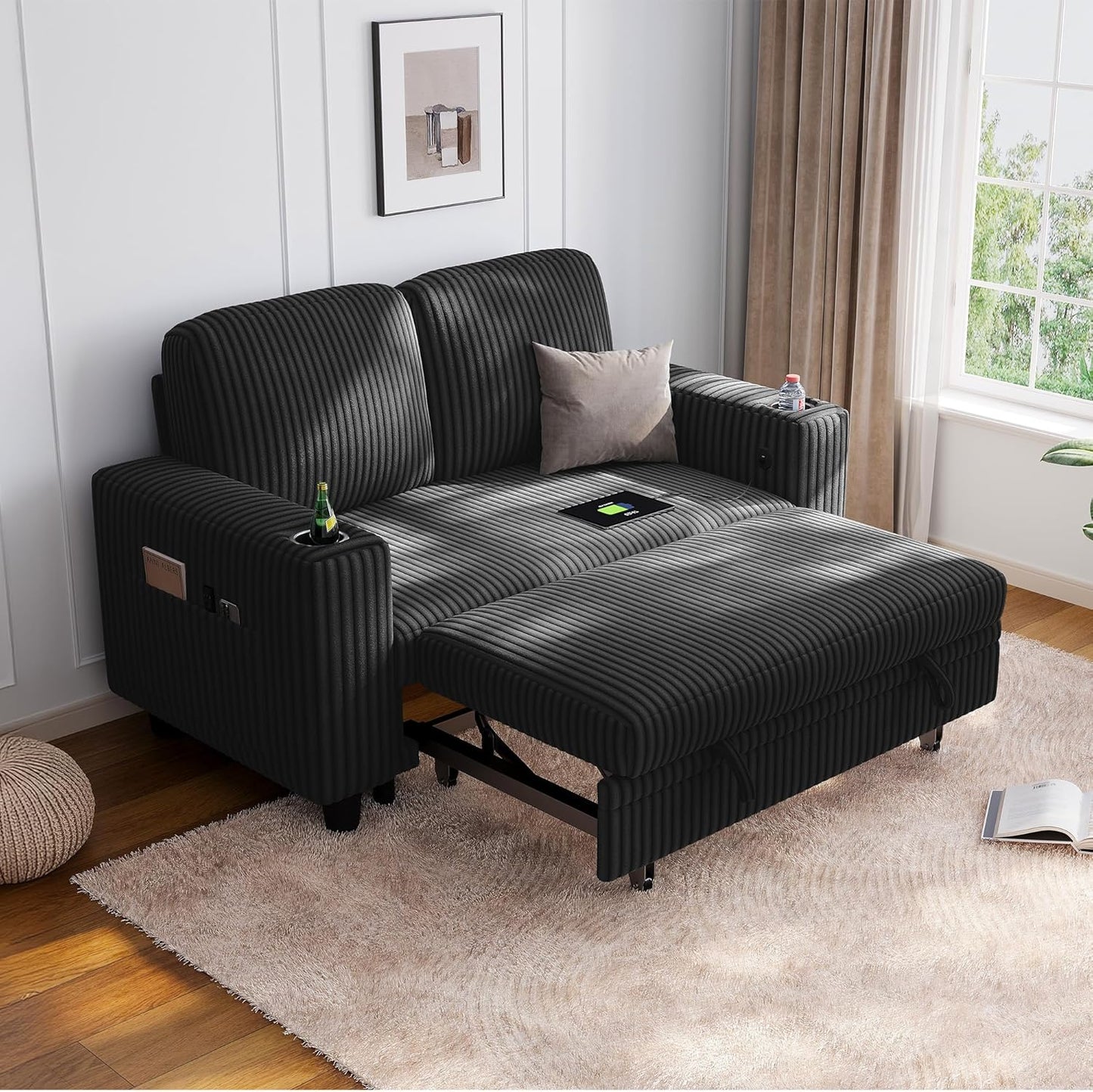 LINSY HOME Loveseat Sofa: 2-in-1 Convertible Couch with USB