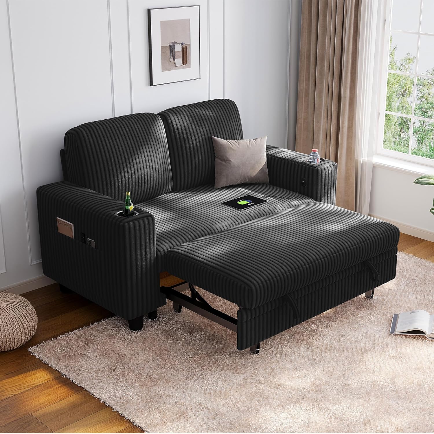 LINSY HOME Loveseat Sofa: 2-in-1 Convertible Couch with USB