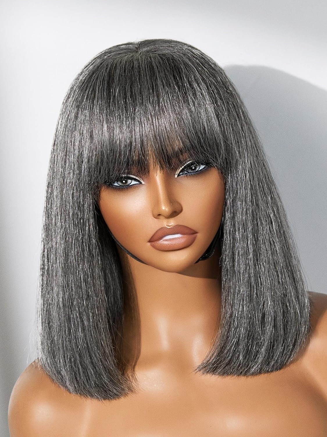 LUVME HAIR 12 Inch Grey Salt & Pepper Bob Wig with Bangs