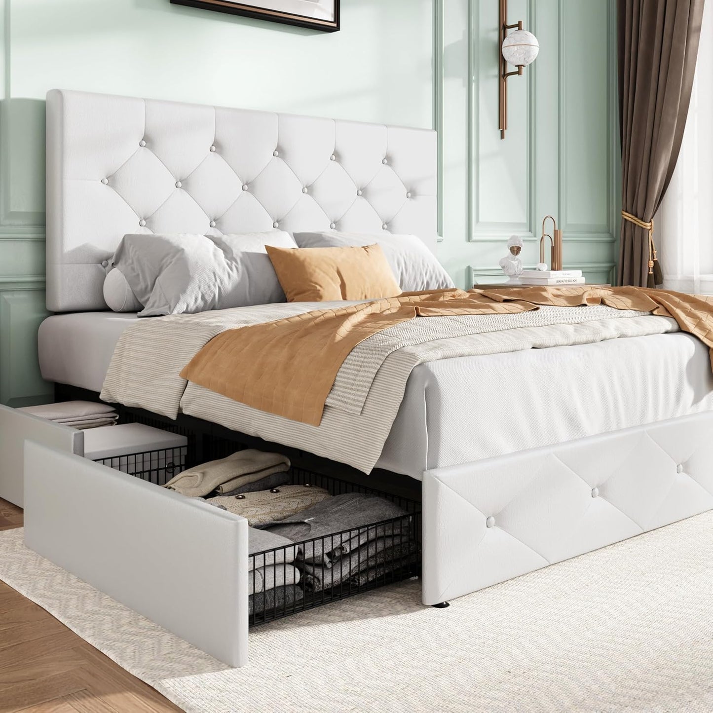 SHA CERLIN Upholstered Full Size Platform Bed Frame with Storage