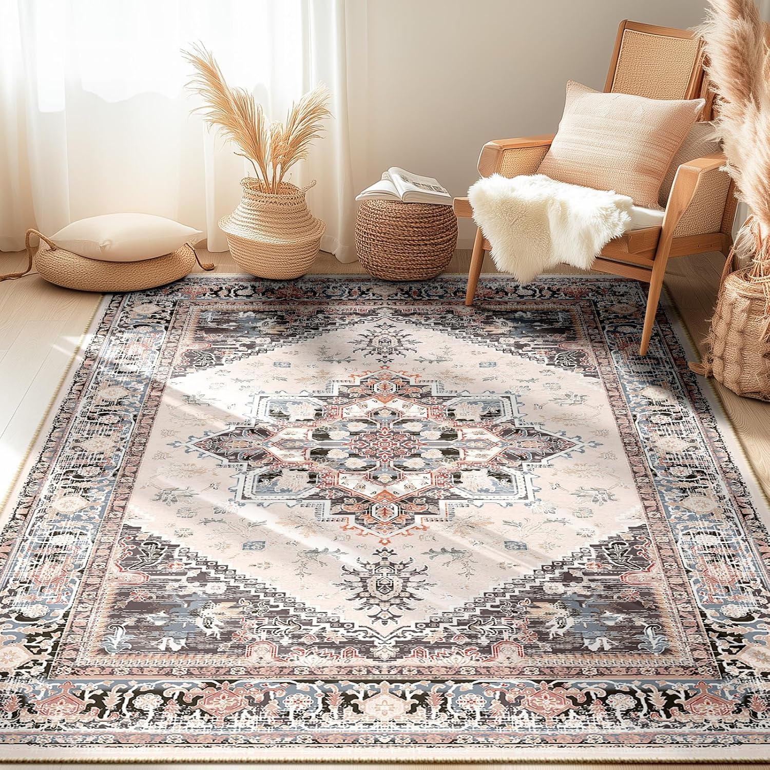 5x7 Area Rugs for Living Room - Vintage Print Soft Carpet