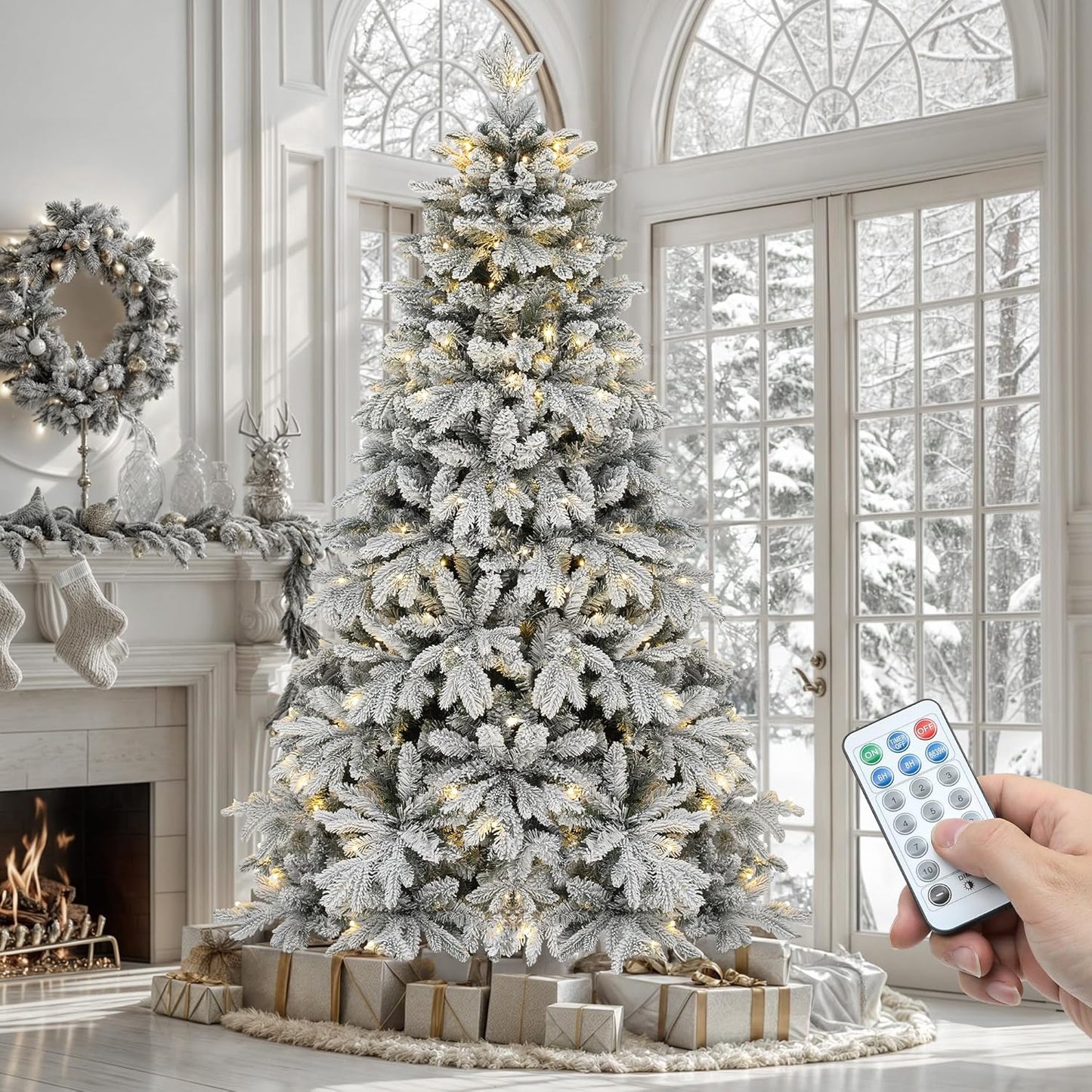 YITAHOME Prelit Snow Flocked Christmas Tree 6 FT with Remote