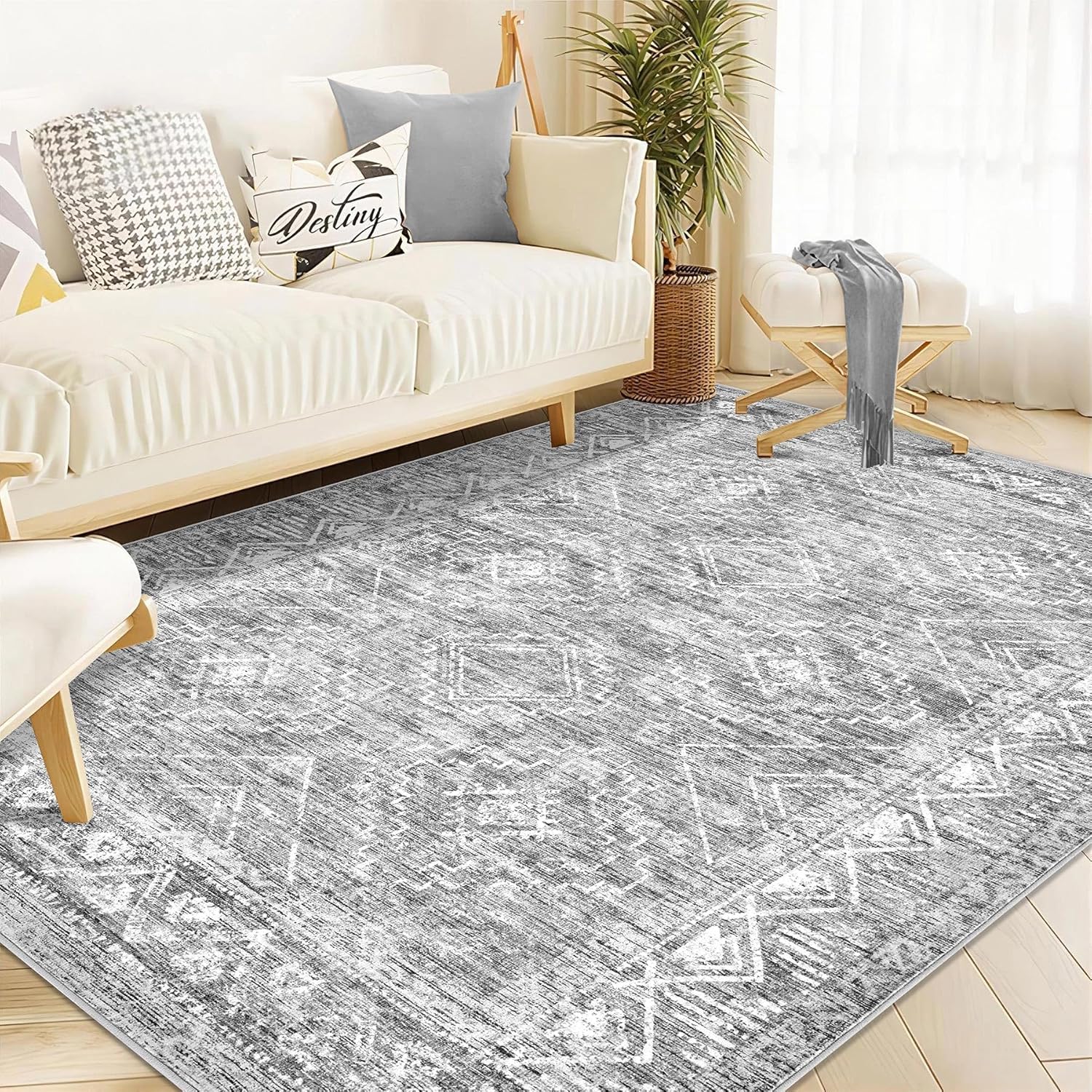 Moroccan Large Area Rug 6x9 - Soft Geometric Boho Design