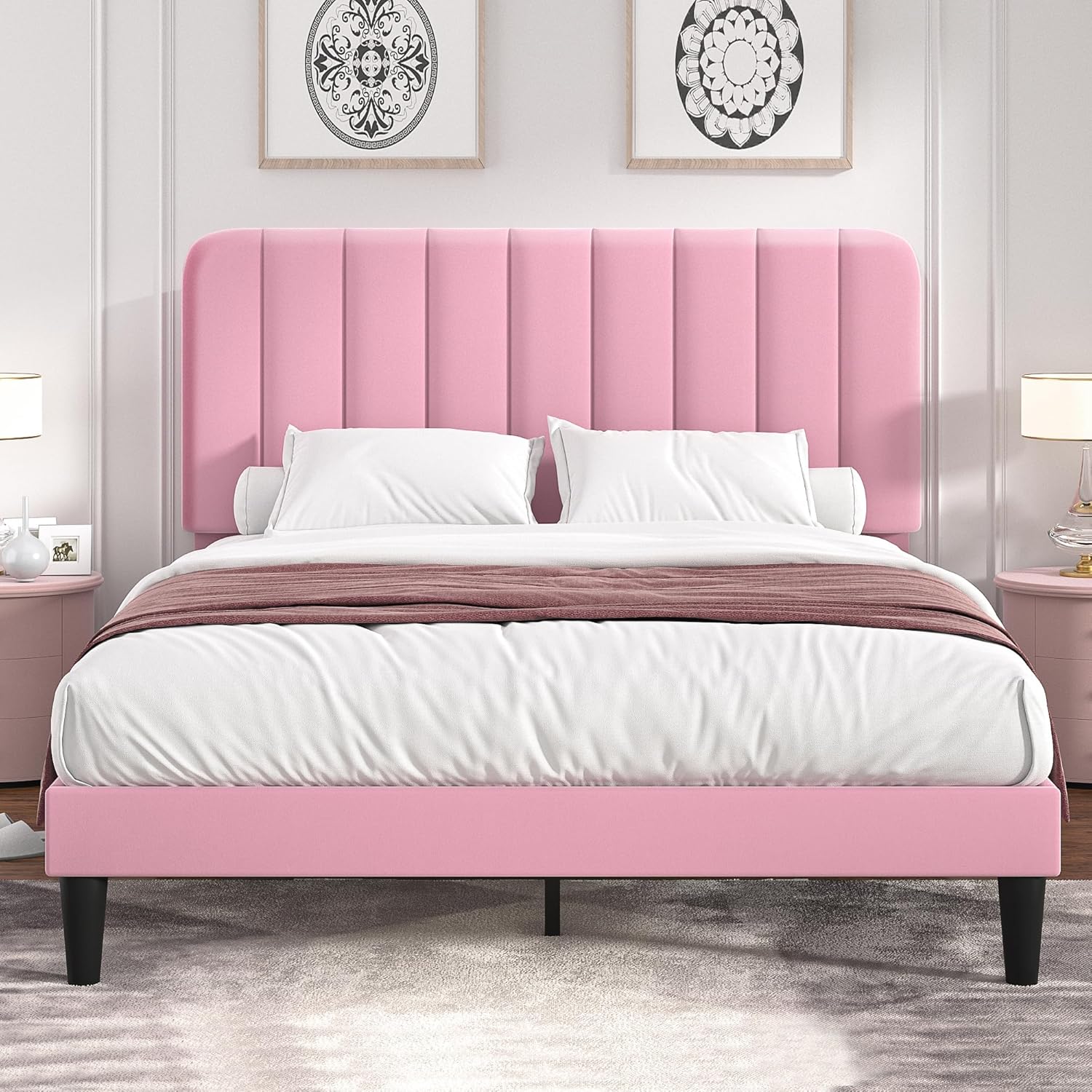 VECELO Full Size Bed Frame with Upholstered Headboard in Pink