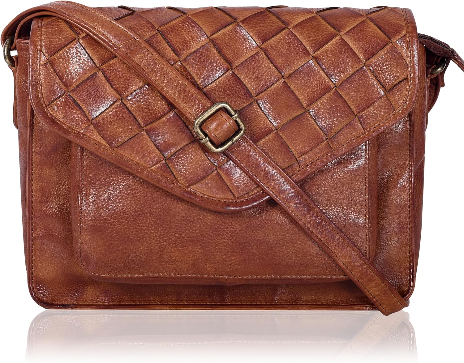 Leather Flapover Crossbody Handbag Purse with Adjustable Strap