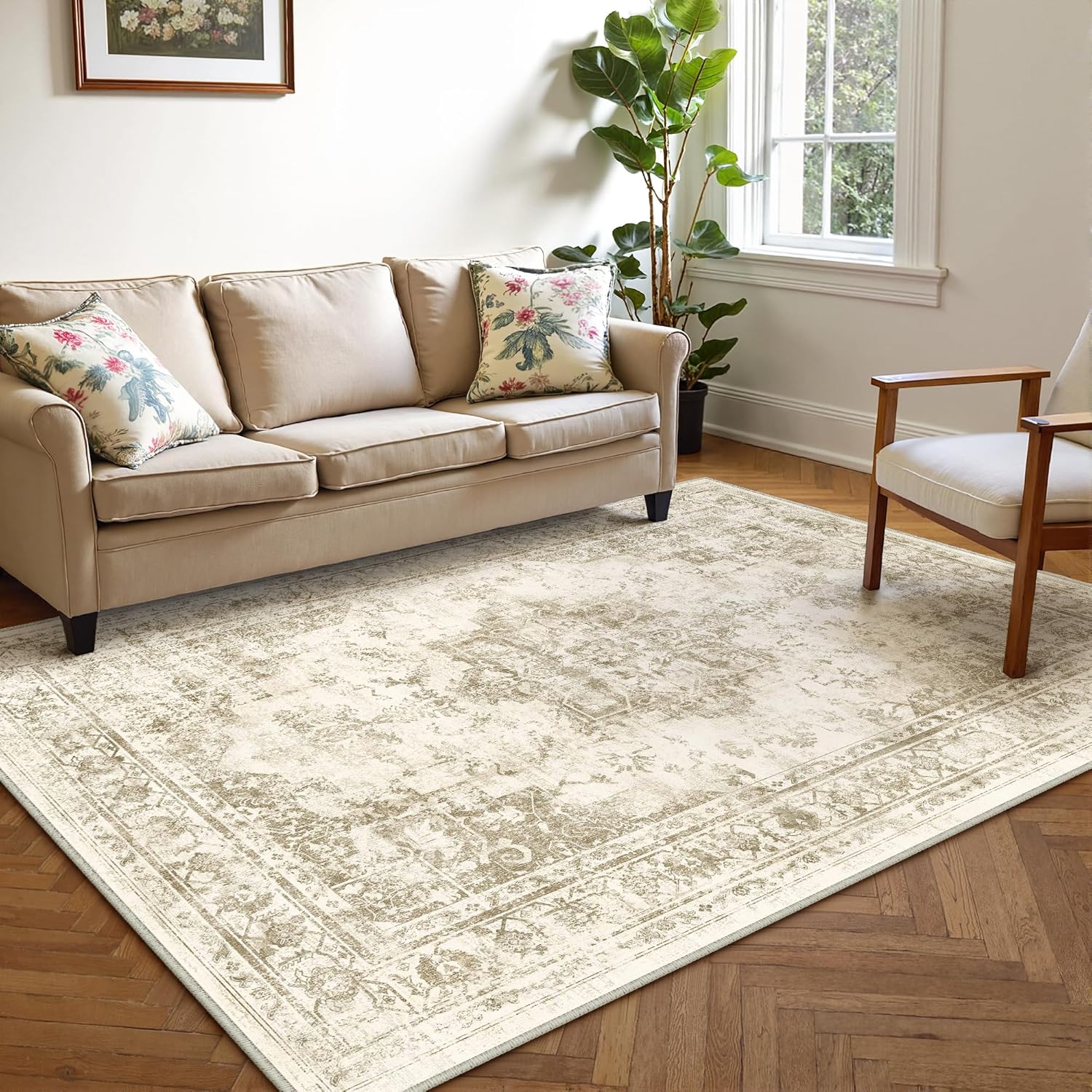 5x7 Area Rugs for Living Room Non Slip Vintage Floral Design