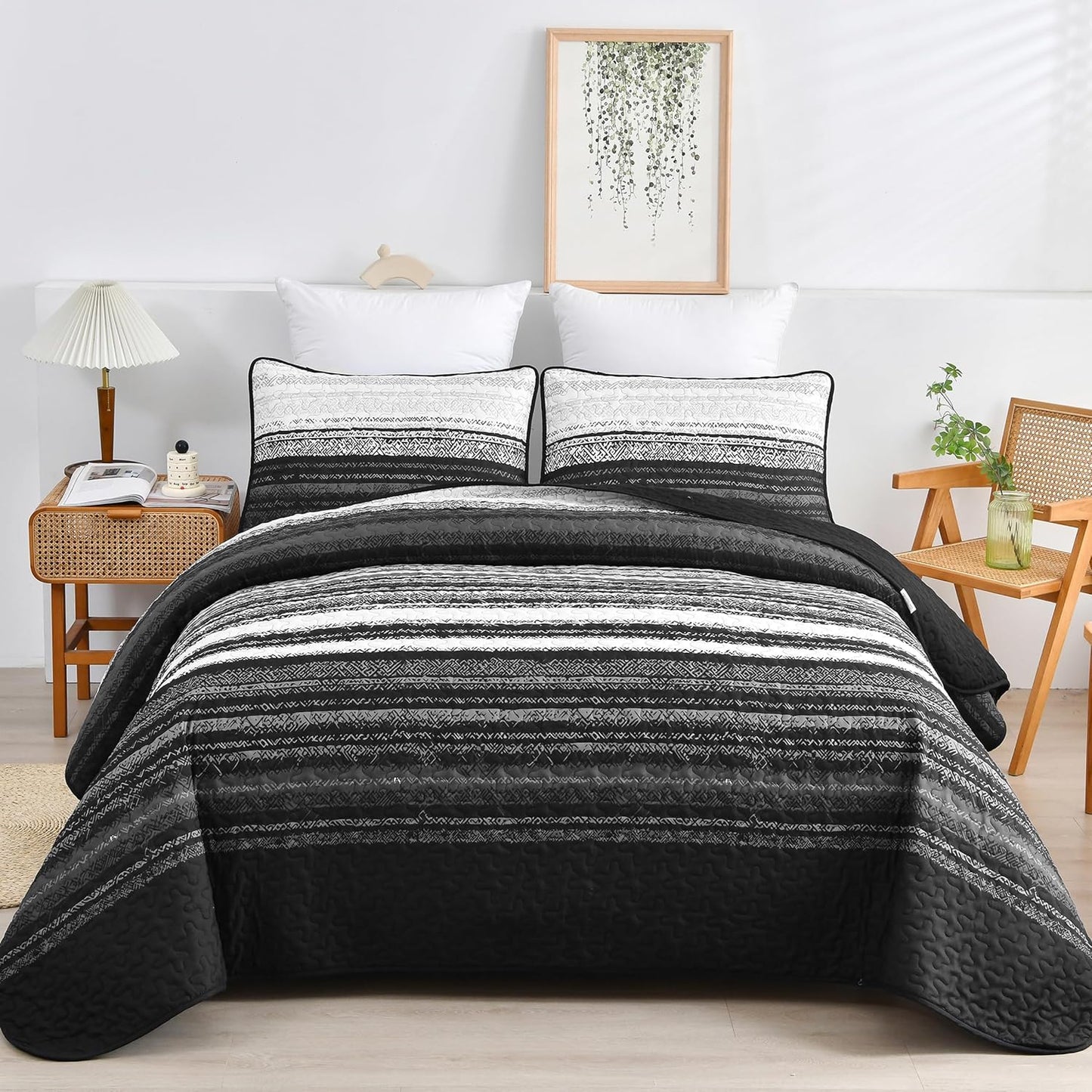DJY Black Striped Quilt Set Queen Size for All Seasons