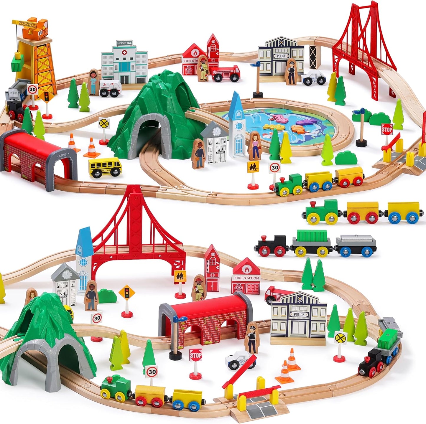 SainSmart Jr. 112-Piece Wooden Train Set for Toddlers and Kids